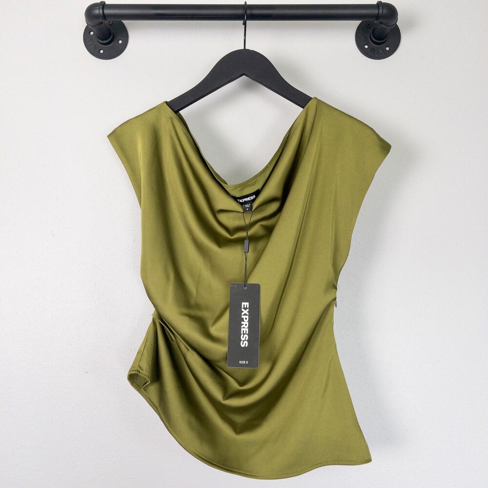 Express Olive Green Satin Cowl Neck Asymmetrical Ruch Going Out Siren Top S NWT